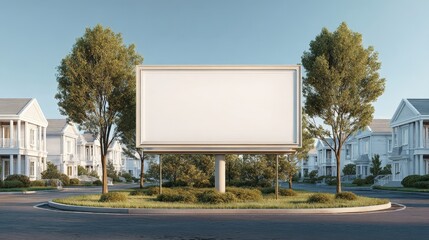 Large blank outdoor advertising billboard stands in front of luxury homes. Ideal for real estate promotions, local business ads, public announcements, mockups, design presentation