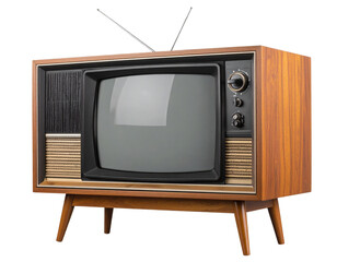 Angled Side View of Retro TV with Antenna and Faux Wood Finish, Transparent PNG