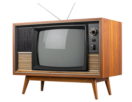 Angled Side View of Retro TV with Antenna and Faux Wood Finish, Transparent PNG