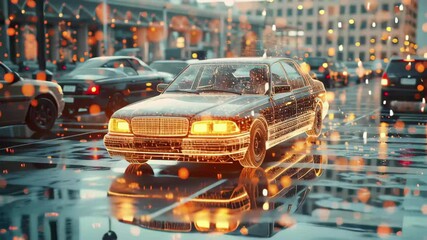 Data processing visualizes car dynamics in an urban setting with glowing effects, data processing over cars - Powered by Adobe