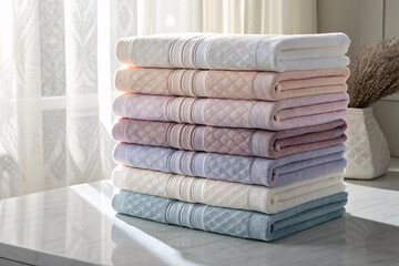 High-end towels showcasing detailed geometric diamond patterns along borders, artfully arranged in...