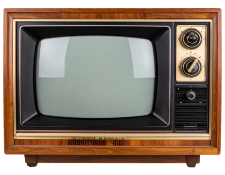 Classic Wooden Retro Television with Dials and Curved Glass Screen, Front View, Transparent Background