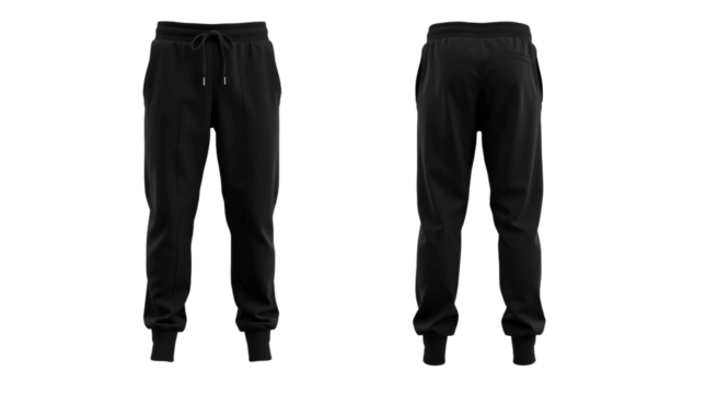 Black sweatpants in front and back view, mockup isolated on transparent background