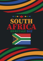 South Africa Heritage Day. Happy holiday. Celebrate culture and traditions of nation. South African flag. Poster with illustration. Pattern design. Vector