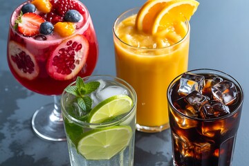Refreshing Assortment of Colorful Summer Beverages on a Dark Surface