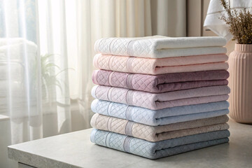 Designer towels with sophisticated diamond lattice border patterns, professionally photographed in...