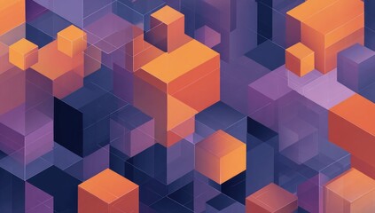Abstract geometric pattern of overlapping cubes in shades of orange and purple