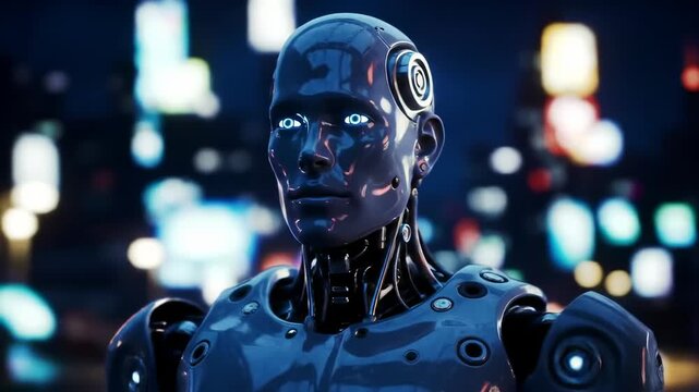 A futuristic robot in a city at night
