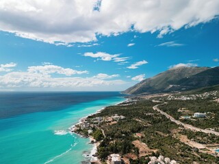 Aerial view of Dhermi Beach, Albania – turquoise sea, Mediterranean coastline, and paradise...