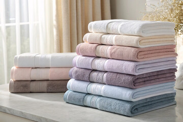 Premium towels with decorative diamond weave borders displayed in elegant bathroom setting with...