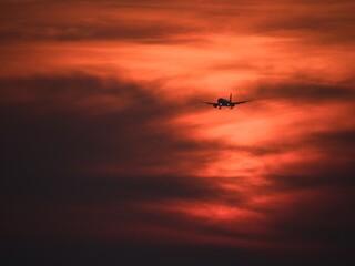 airplane flying in a beautiful sunset, Hannover
