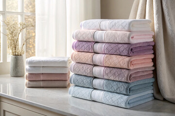 Luxury bath towels featuring elegant diamond pattern trim borders, beautifully arranged in soft...