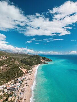 Aerial view of Dhermi Beach, Albania &ndash; turquoise sea, Mediterranean coastline, and paradise nature in the Balkans