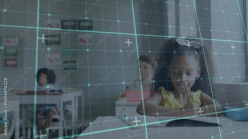 Poster girl pausing notebook writing and glancing up while faint grid scanning room for learning insights
