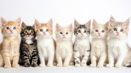 Adorable Kitten Group: A charming assortment of kittens, each with unique coat patterns and captivating gazes, sit side-by-side, creating an irresistible portrait of feline cuteness.