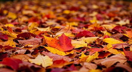 High-resolution photo of fallen autumn leaves in vibrant red, orange, and yellow colors covering the ground, close-up, no people.