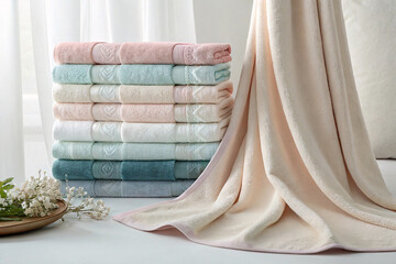 Rolled and stacked towels in soft pastels with decorative heart patterns, elegant bathroom styling with flowing fabric and flowers nearby.
