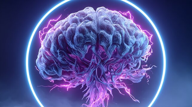 A holographic AI brain emitting electric impulses in vibrant cyberspace, illuminated by neon blue and purple lights.