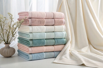 Coordinated towel collection in muted tones, neatly folded and arranged with decorative striped borders in sophisticated bathroom interior styling.