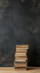 Stacking old books on a wooden surface against a dark chalkboard background enhances a nostalgic back to school atmosphere, perfect for studying and fostering a love for learning