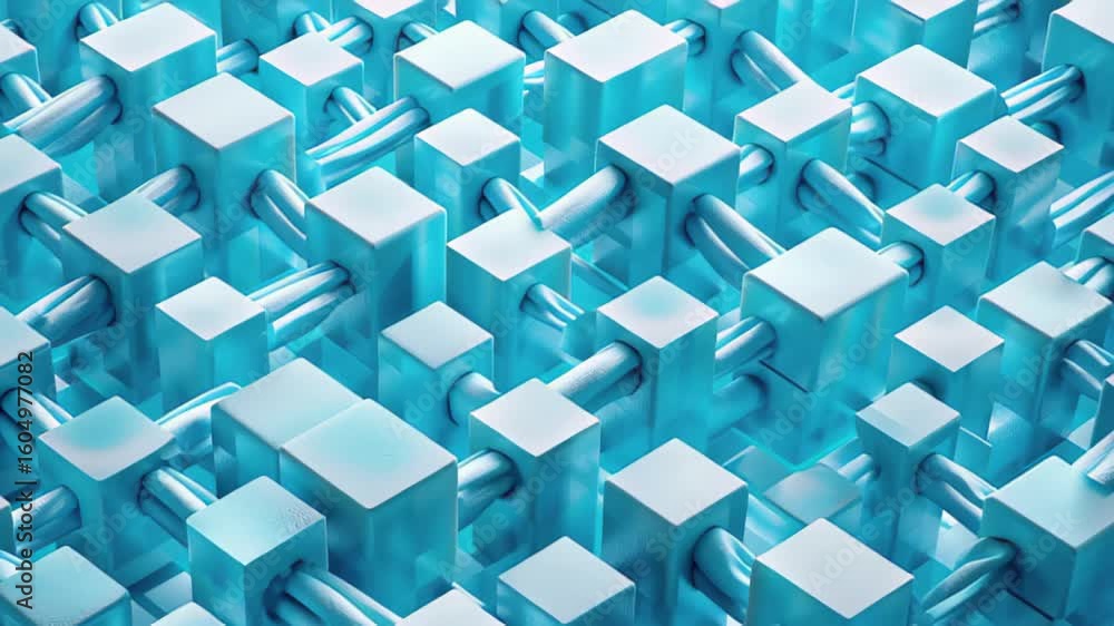 Poster data blocks moving through a network with vibrant blue hues and interconnected structures, 3d depict