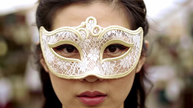 Close-up of a woman wearing a lace masquerade mask