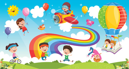 Obraz premium Cartoon children with balloons flying in the sky with a rainbow