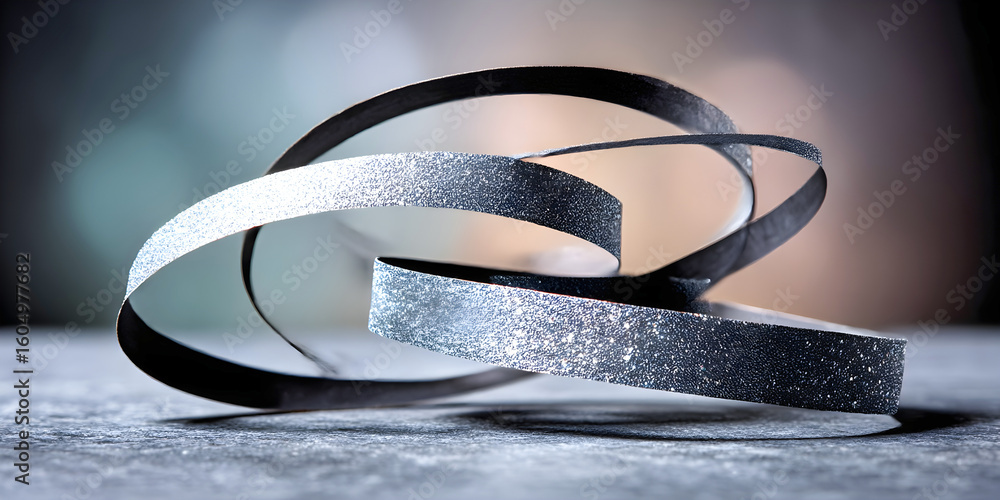 Poster abstract metallic ribbon sculpture with silver glitter texture on a smooth surface and soft bokeh ba