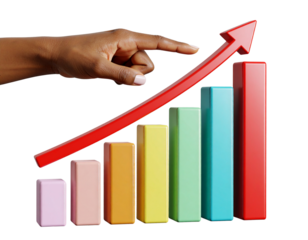 A - 3D Concept of Hand Elevating Glossy Business Chart with Gradient Arrow, Dynamic Angle, Isolated on Transparent Background