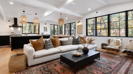 Fototapeta premium A modern living room with large windows showcasing a fall forest view.