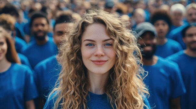 A diverse group of people in blue t-shirts celebrates World Cancer Day, smiling and supporting each other, with a young woman at the center showcasing unity and hope. - Powered by Adobe