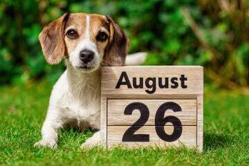 A dog sits in grass next to a wooden block with the date August 26th on it