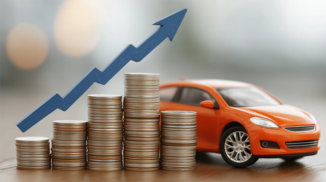 Rising Cost of Ownership: A symbolic image featuring a toy car beside a growing stack of coins, underscored by an upward trending arrow.