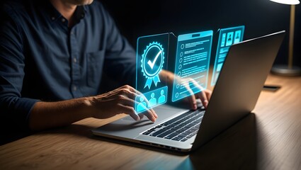 Professional verifying quality standards or completing compliance training on laptop using holographic interface displaying certification badge and checklist icons.