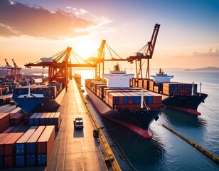 Naklejka premium Busy port at sunset