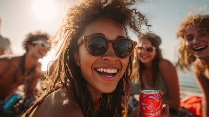 A group of friends enjoys a summer beach party, laughing and sipping beverages. A young woman in sunglasses smiles at the camera, holding an energy drink can.