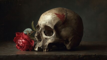 A gothic-style skull featuring a red scar and a rose beside it, capturing a haunting beauty reminiscent of old paintings.