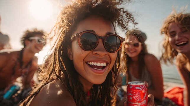 A group of friends enjoys a summer beach party, laughing and sipping beverages. A young woman in sunglasses smiles at the camera, holding an energy drink can.