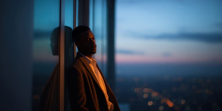 Man leans against apartment window reflecting city lights at dusk