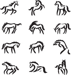 Black ink horse illustrations in various poses equine animal