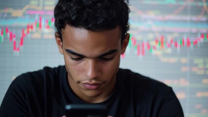 Biracial man analyzing stock market data on smartphone in modern financial environment, stock market and diagrams over biracial man using smartphone - Powered by Adobe