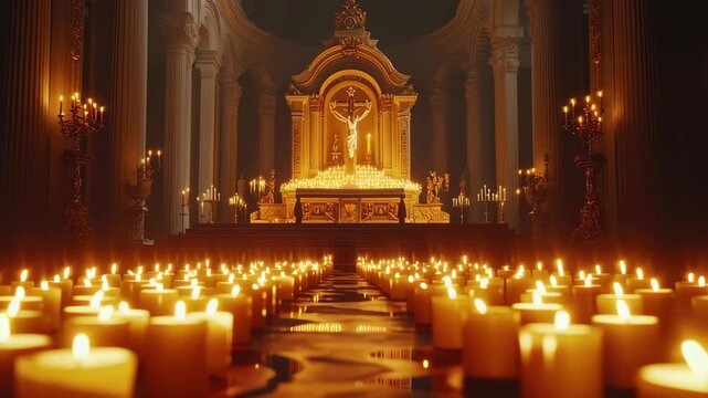 Rows of glowing candles illuminate a church altar during evening prayer, Camera moves past rows of glowing candles in a church or temple