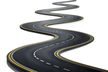 A winding asphalt road curves through the landscape symbolizing choices direction and the journey ahead isolated on transparent background
