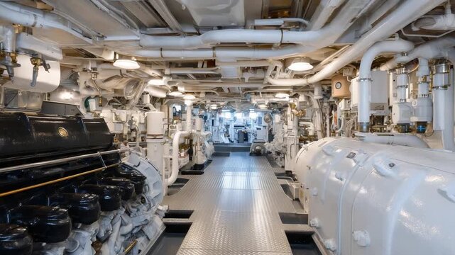 Explore the robust engine compartment of a military ship, featuring reinforced walls and intricate industrial piping.