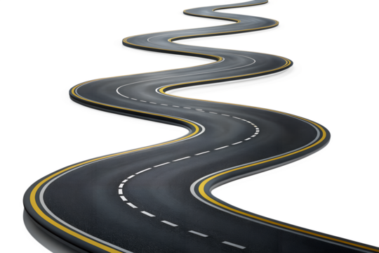 A winding asphalt road curves through the landscape symbolizing choices direction and the journey ahead isolated on transparent background - Powered by Adobe