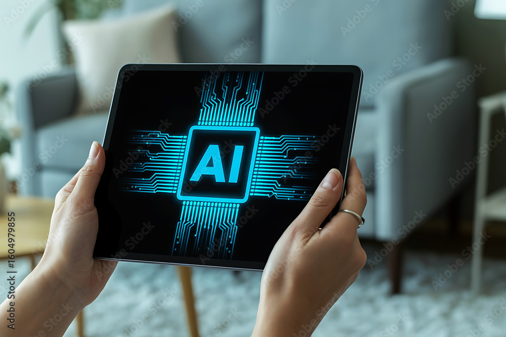 Aufkleber person holding a tablet displaying ai technology with glowing circuit board pattern
