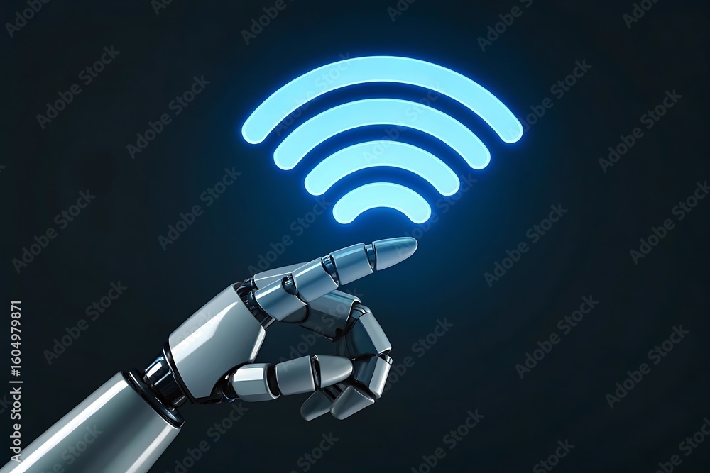 Poster a futuristic robot hand points to a glowing wifi symbol, representing the seamless connection of art