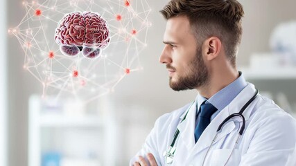 Data processing with molecular technology and brain research in a medical setting, data processing with molecules and brains over caucasian male surgeon in hospital - Powered by Adobe