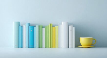 Pastel-colored books arranged on a light blue surface, a yellow cup sits beside them