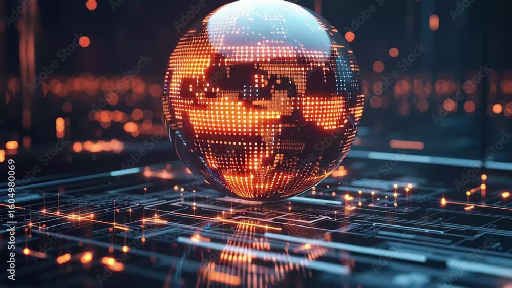 Poster spinning globe illuminated by circuitry and binary code in a digital landscape of technology, spinni
